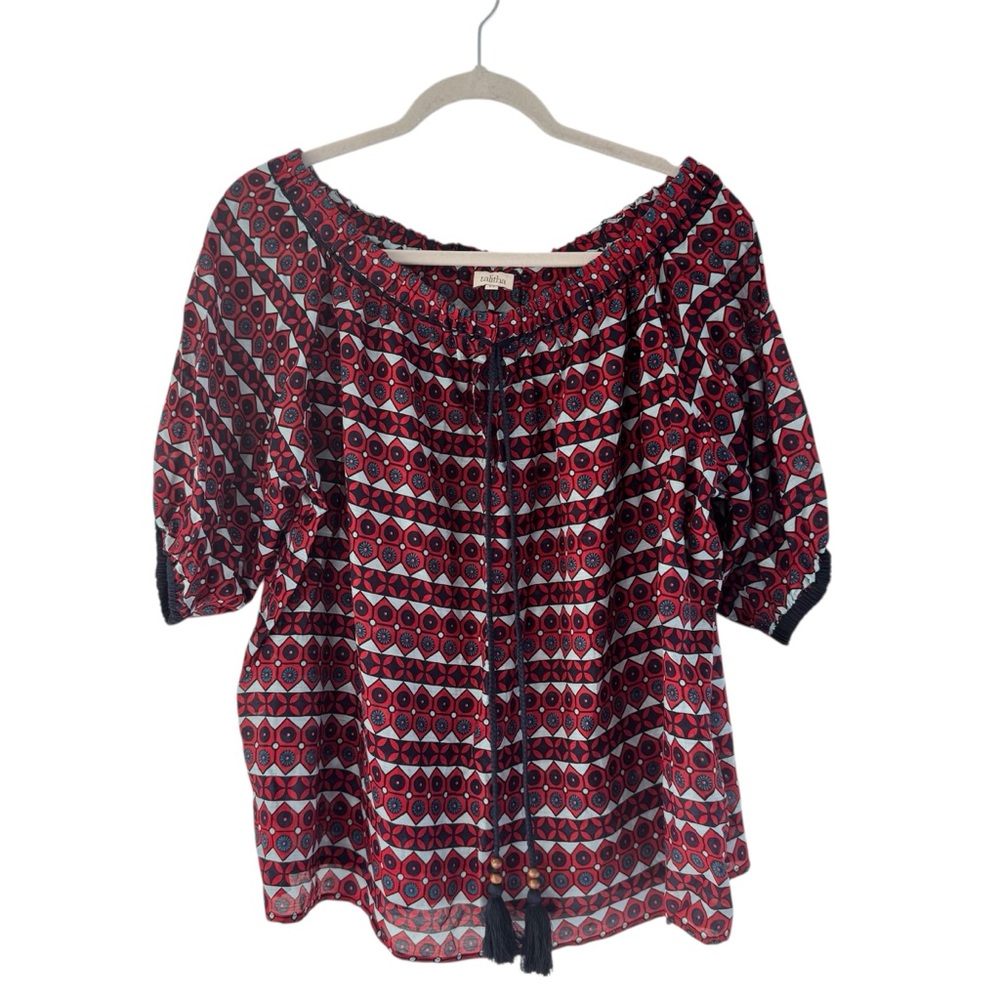 Talitha Silk Cotton Blouse Red and Navy Geometric Peasant Top M